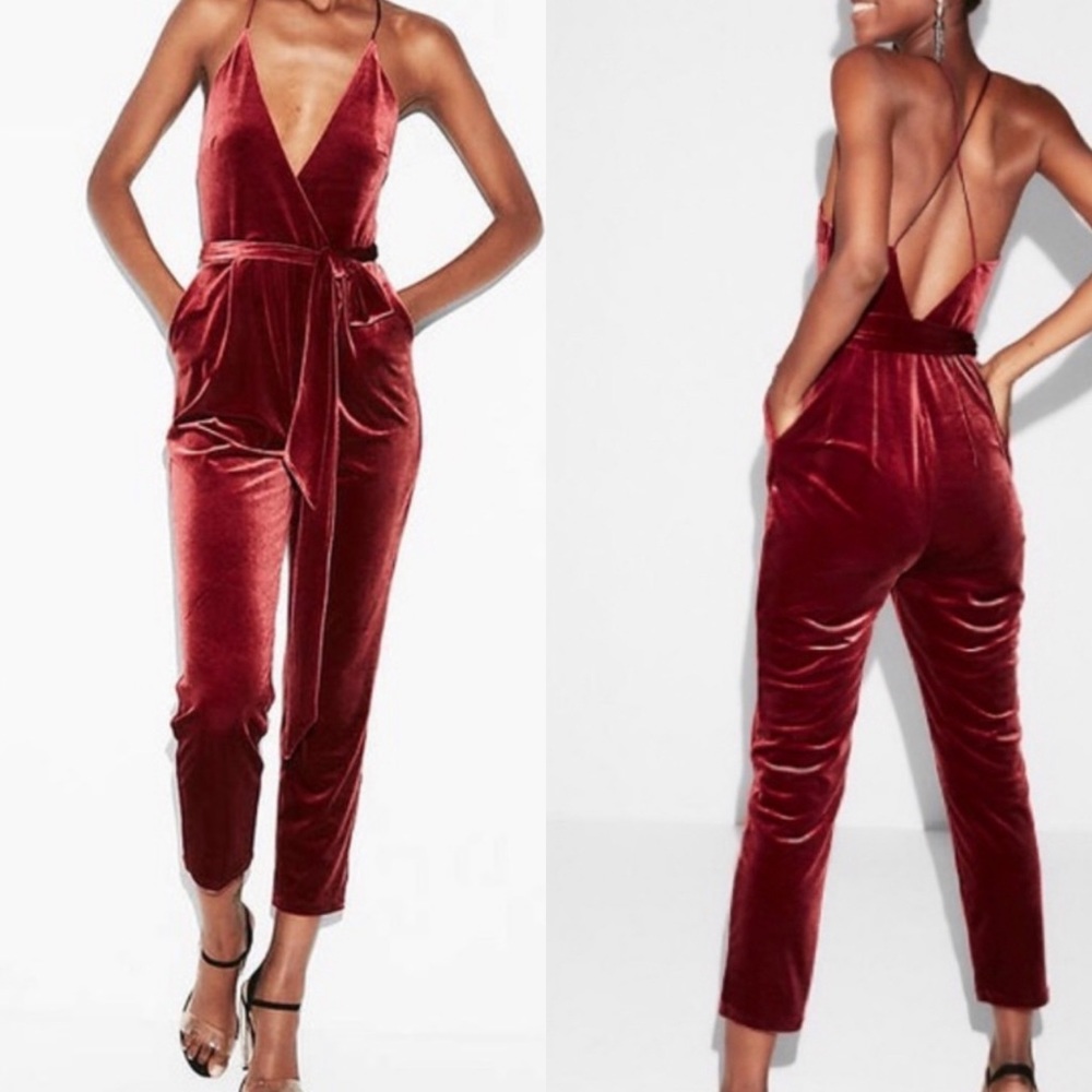 Express Red Velvet VNeck Waist Tie Jumpsuit Size 2